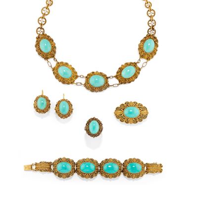 Parure in argento dorato con turchesi cabochon