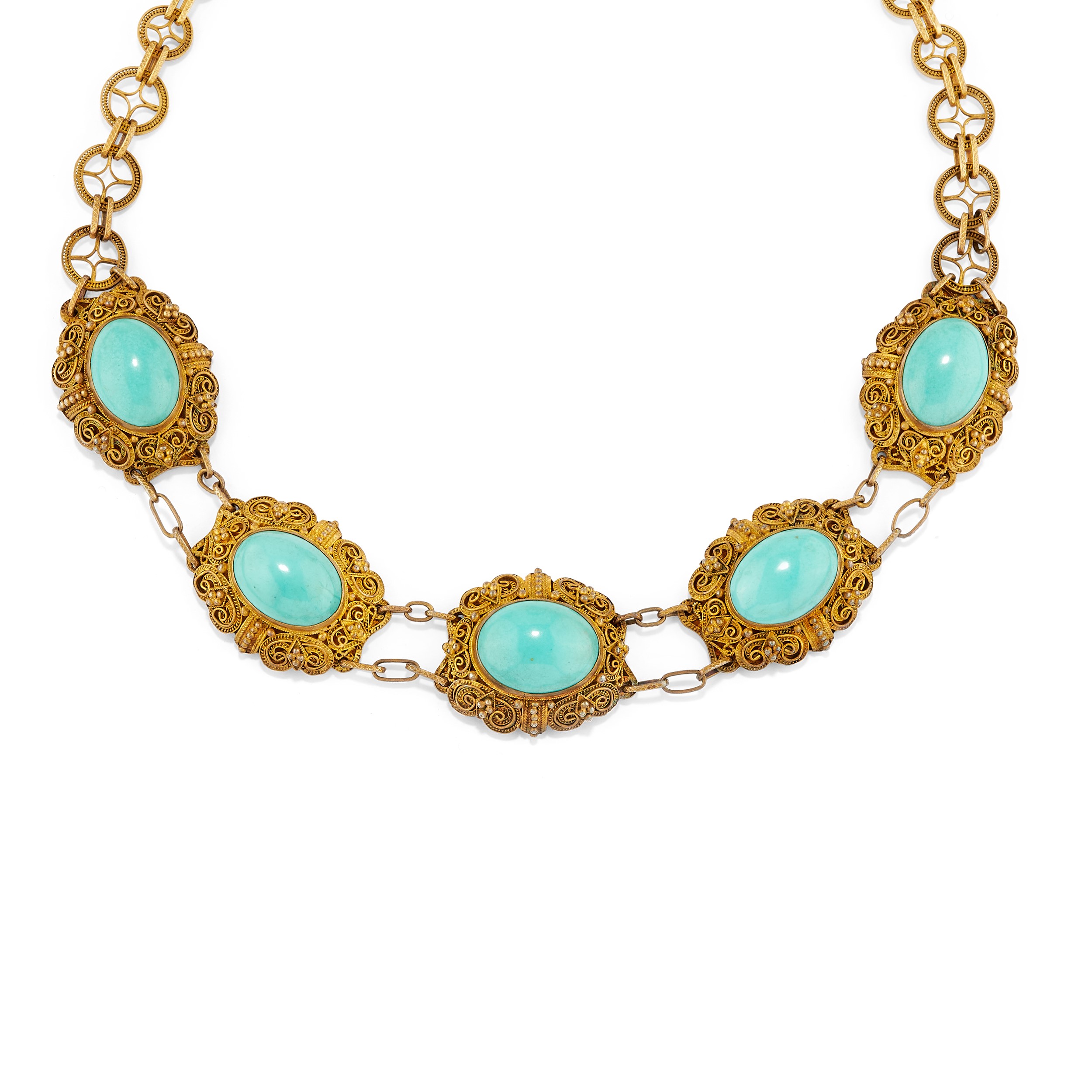 Parure in argento dorato con turchesi cabochon
