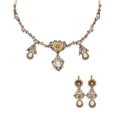 Demi-parure in argento e oro giallo 18k con perle coltivate e diamanti taglio rosa