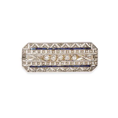 Spilla in oro bianco 18k e argento con diamanti e pietre blu sintetiche