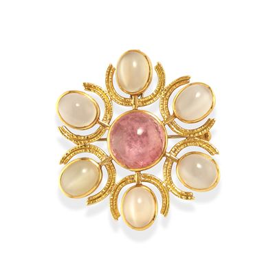 Spilla in oro giallo 18k con tormalina rosa e pietre incolori