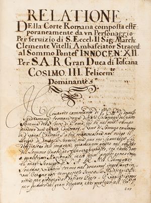Clemente Vitelli,  Innocenzo XII - Relazione della Corte Romana Composta estemporaneamente da un Personaggio per servizio di Sua Ecc.za il Sig.r Marchese Clemente Vitelli