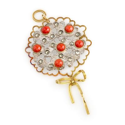Pendente-spilla in oro giallo 18k e argento 800 con corallo