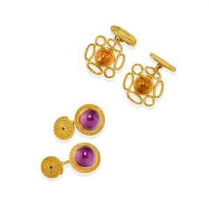 Two pairs of cufflinks with coloured stones