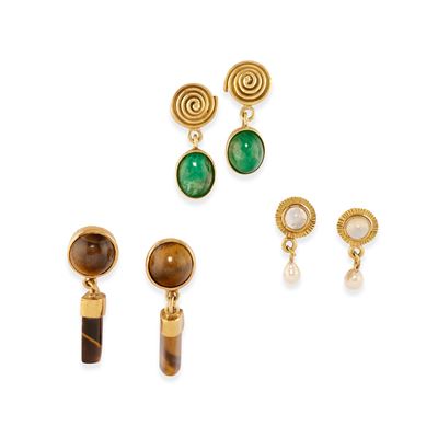 Tre coppie di orecchini in oro giallo 18k con pietre preziose