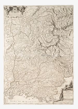 The course of the Rhone River from its sources to the sea with the stretch of the Alps that divide Italy from France.