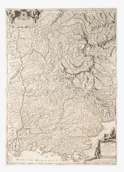 Incisione del Corso del Fiume Rodano dalle Fonti al Mare con i Tratti delle Alpi, 1684