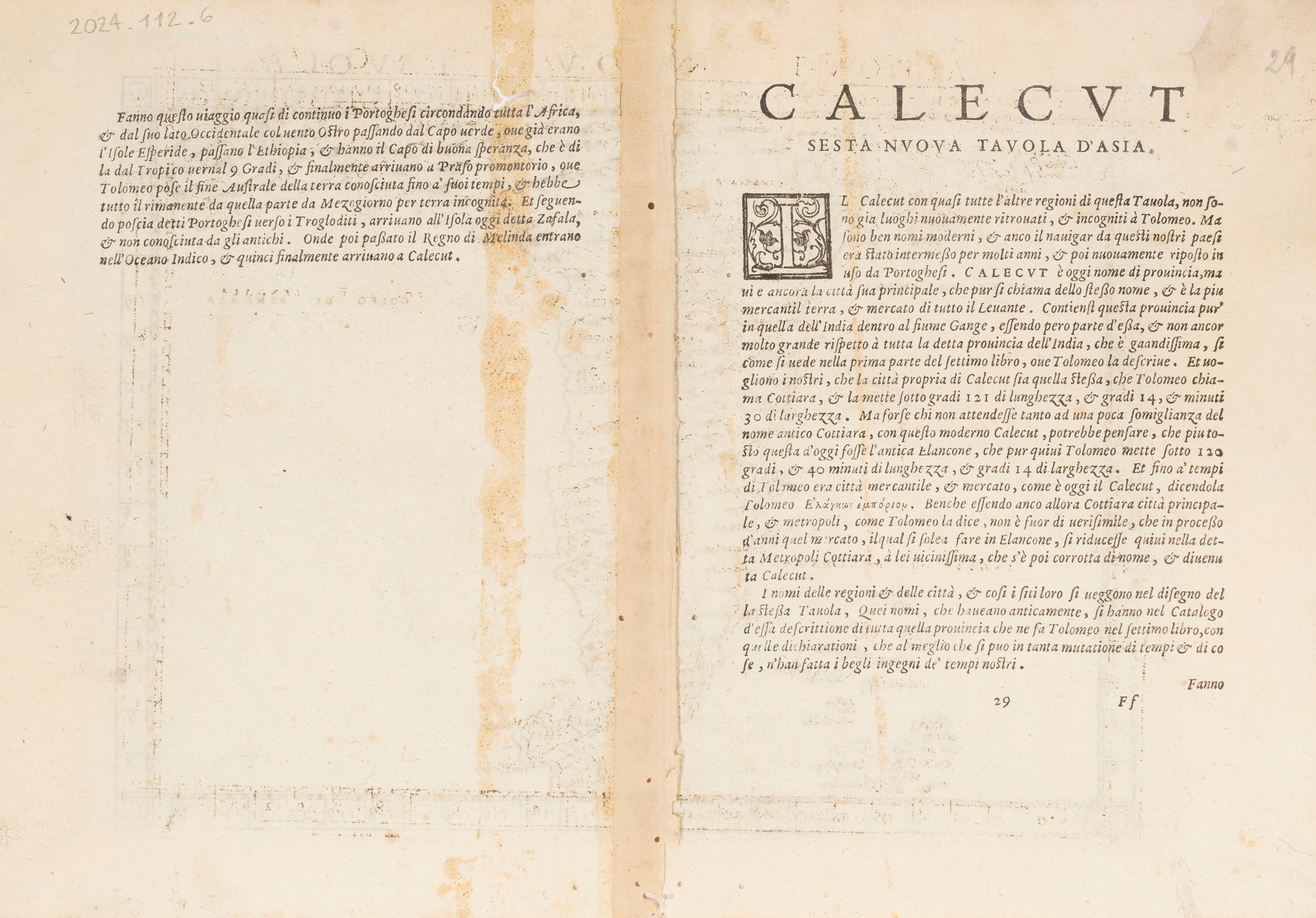 Tolomeo, Claudio - Ruscelli, Girolamo - Tolomeo, Calecut Nuova Tavola, incisione su rame del 1561