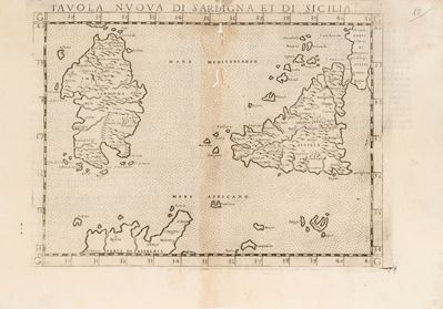 Tolomeo, Tabula nuova di Sardigna et di Sicilia, incisione su rame, 1561