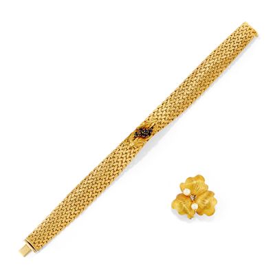 Bracciale e spilla in oro giallo 18k con zaffiri e perle coltivate