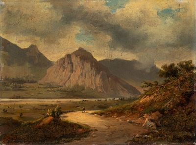 Autore sconosciuto, Viandante nel paesaggio, olio su cartone pressato