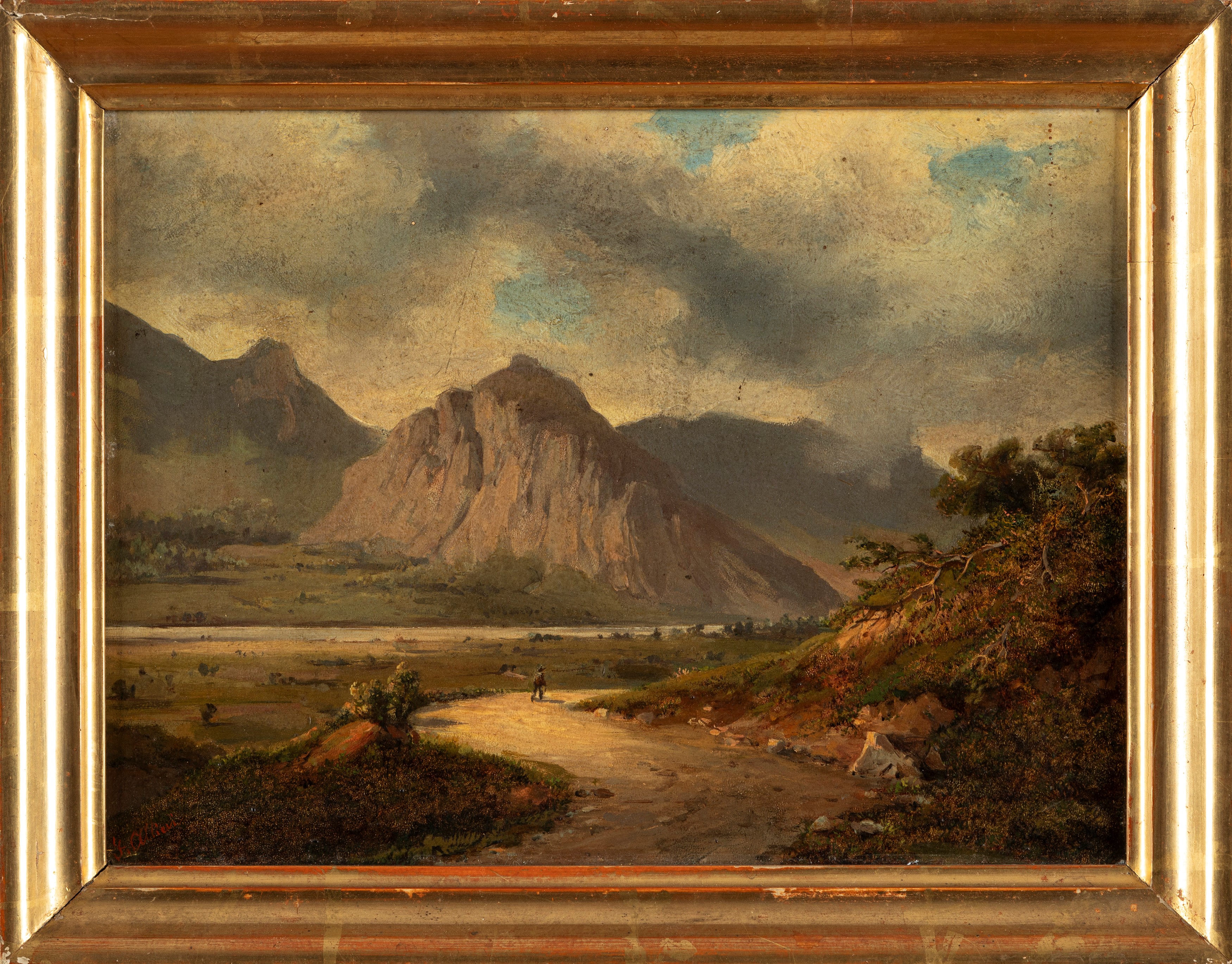Scuola del Secolo XIX - Autore sconosciuto, Viandante nel paesaggio, olio su cartone pressato