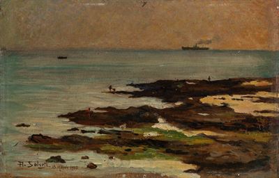 Marina a Livorno, olio su cartone