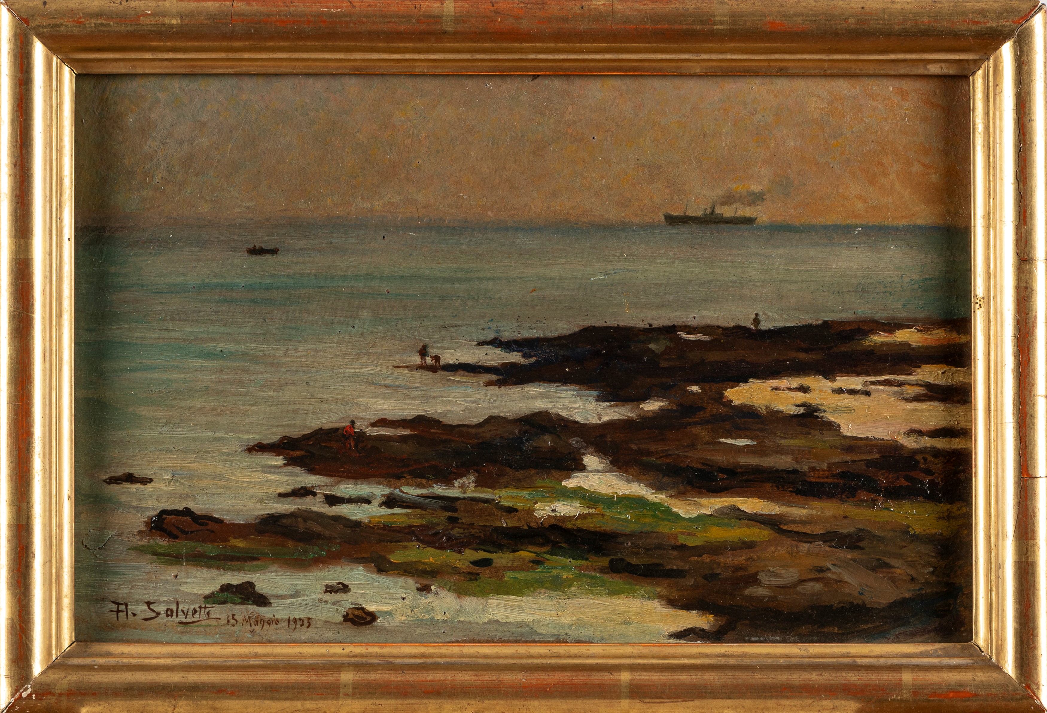 Antonio Salvetti - Marina a Livorno, olio su cartone