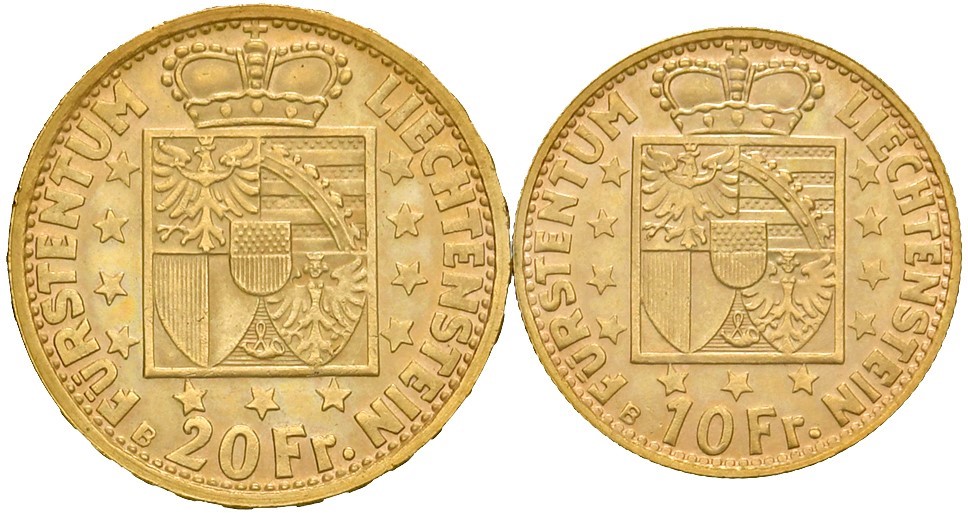 Liechtenstein, Franz Joseph II, 1938-1989 - Liechtenstein, 20 franchi e 10 franchi, 1946, metallo...