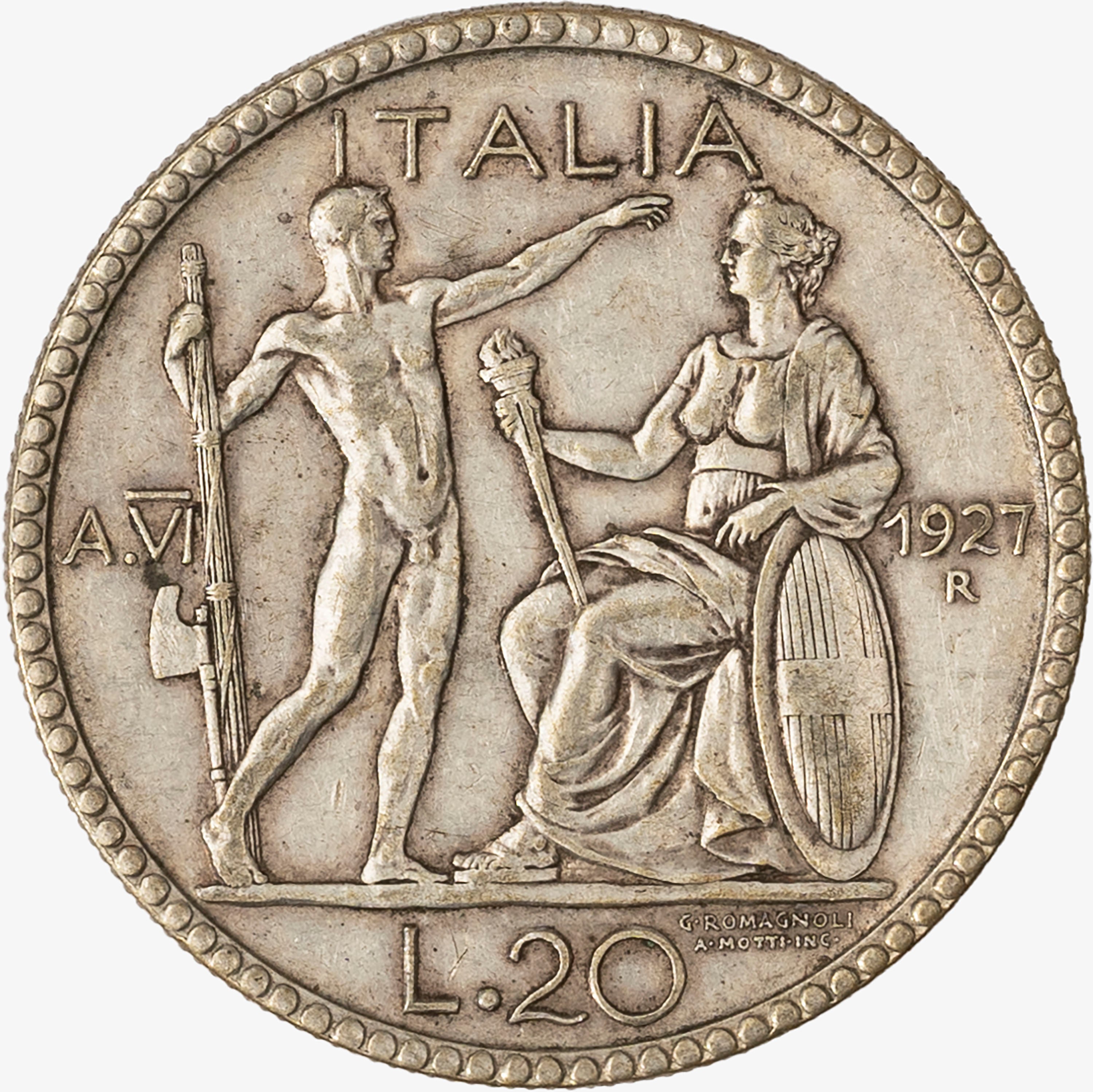 Regno D'italia, Vittorio Emanuele III, 1900-1946 - Regno d'Italia, 20 Lire Littore Anno VI, 1927
