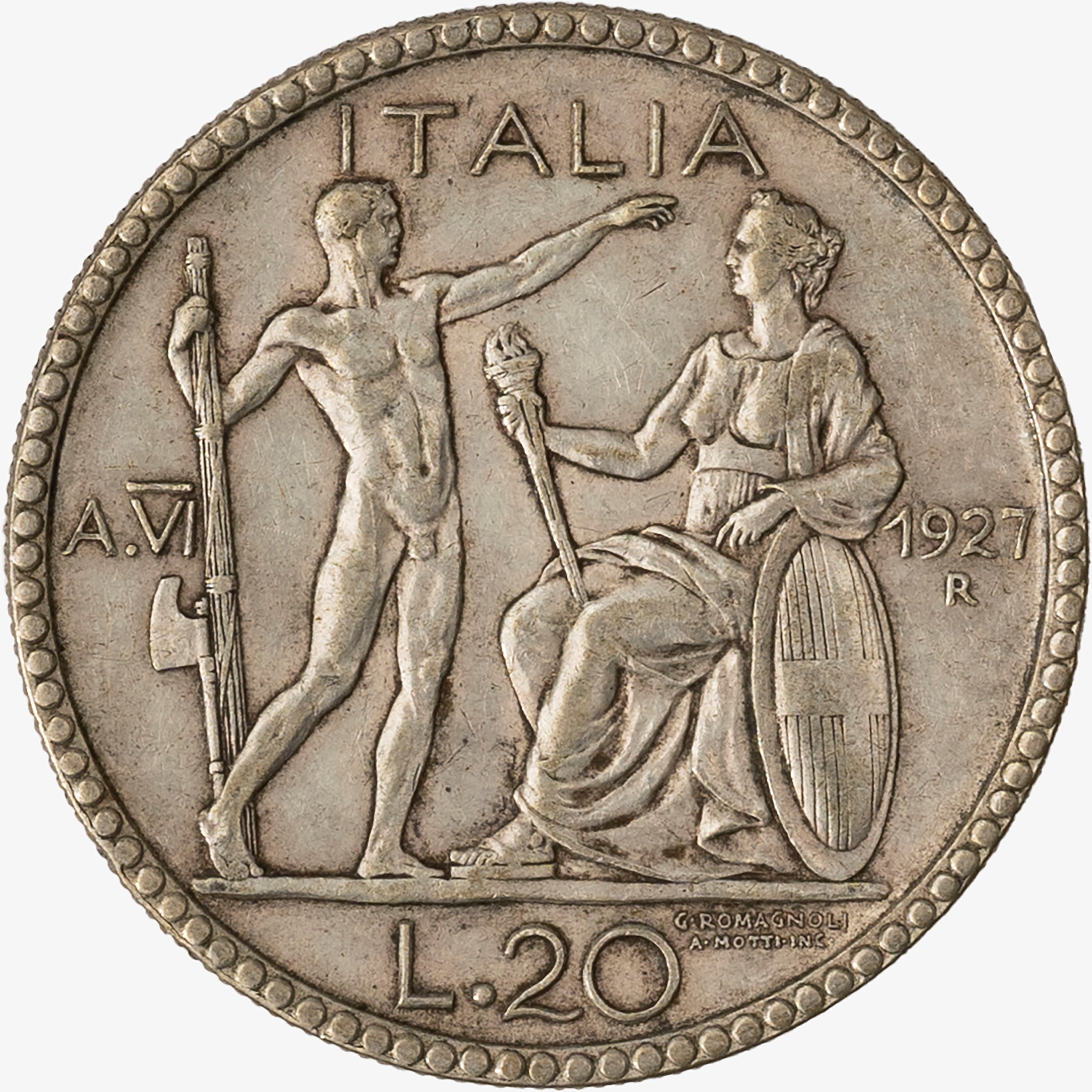 Regno D'italia, Vittorio Emanuele III, 1900-1946 - Regno d'Italia, 20 Lire Littore, Anno VI, 1927...