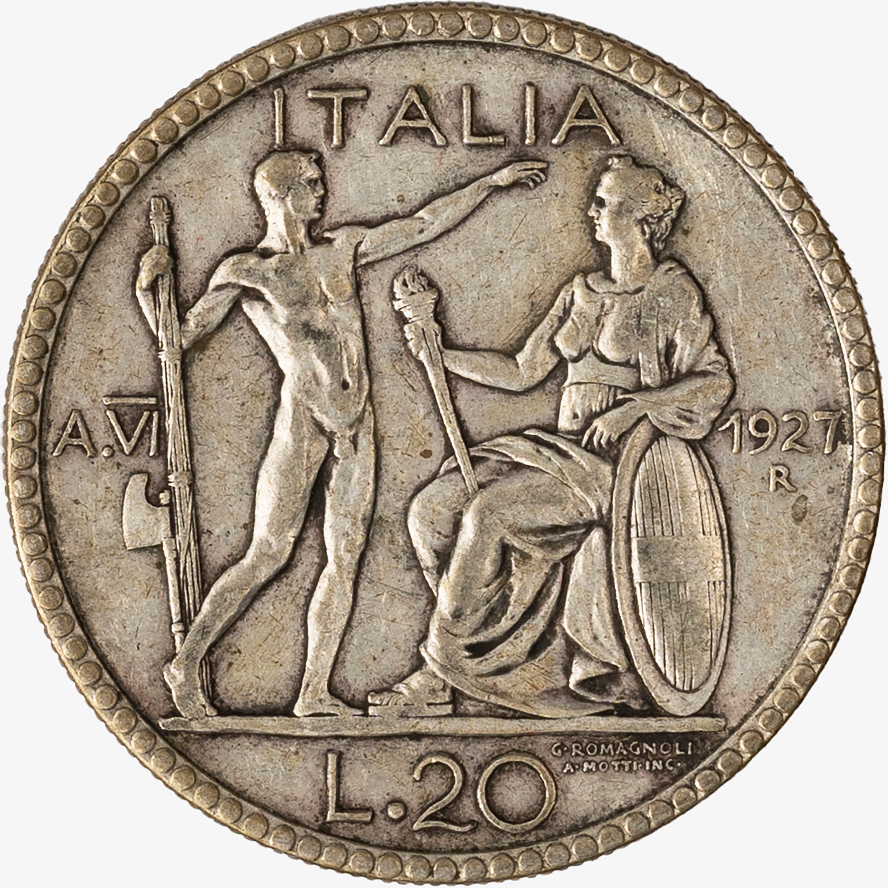 Regno D'italia, Vittorio Emanuele III, 1900-1946 - Regno d'Italia, 20 Lire Littore, Anno VI, 1927