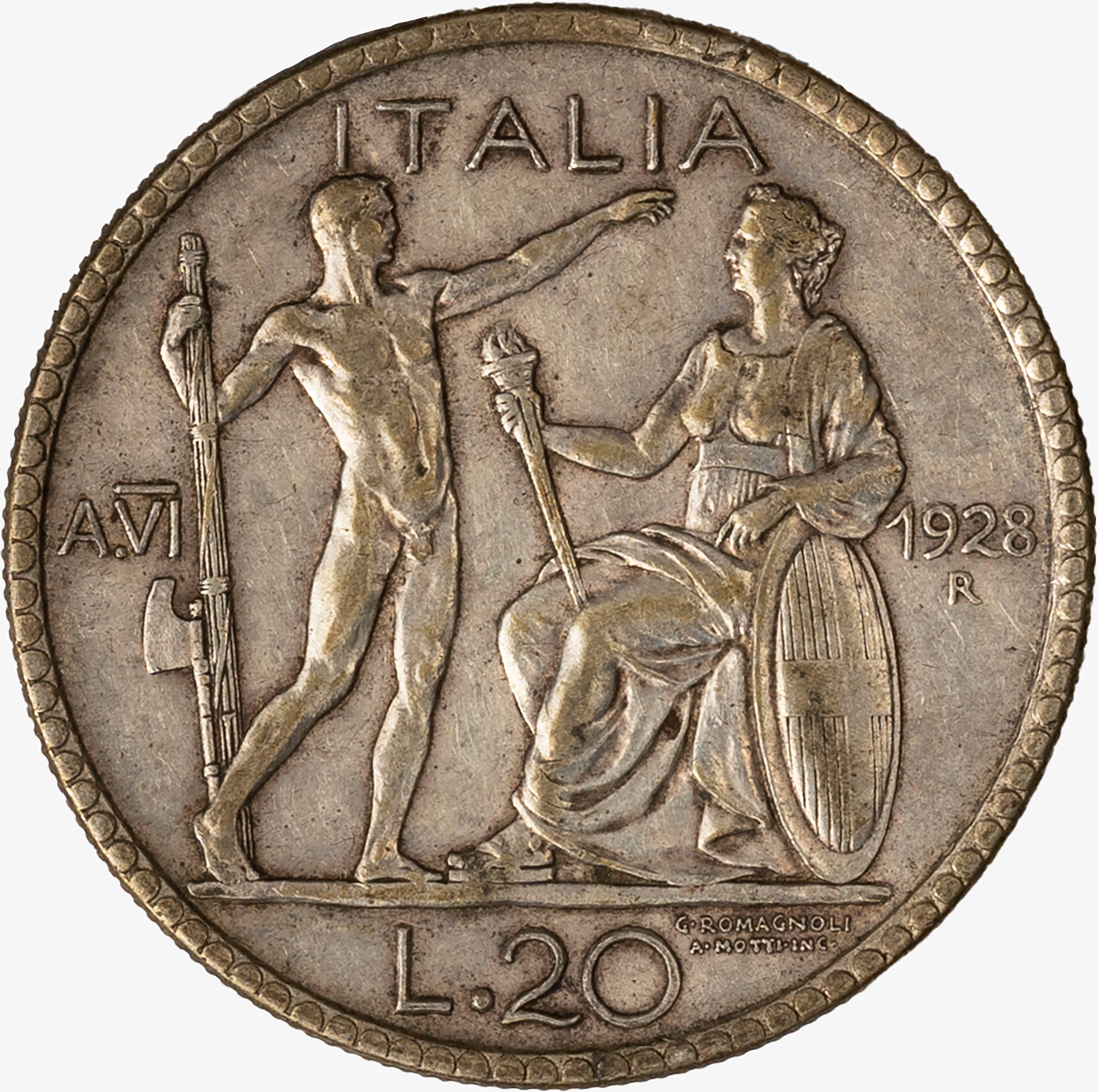 Regno D'italia, Vittorio Emanuele III, 1900-1946 - Regno d'Italia, 20 Lire Littore, Anno VI, 1928