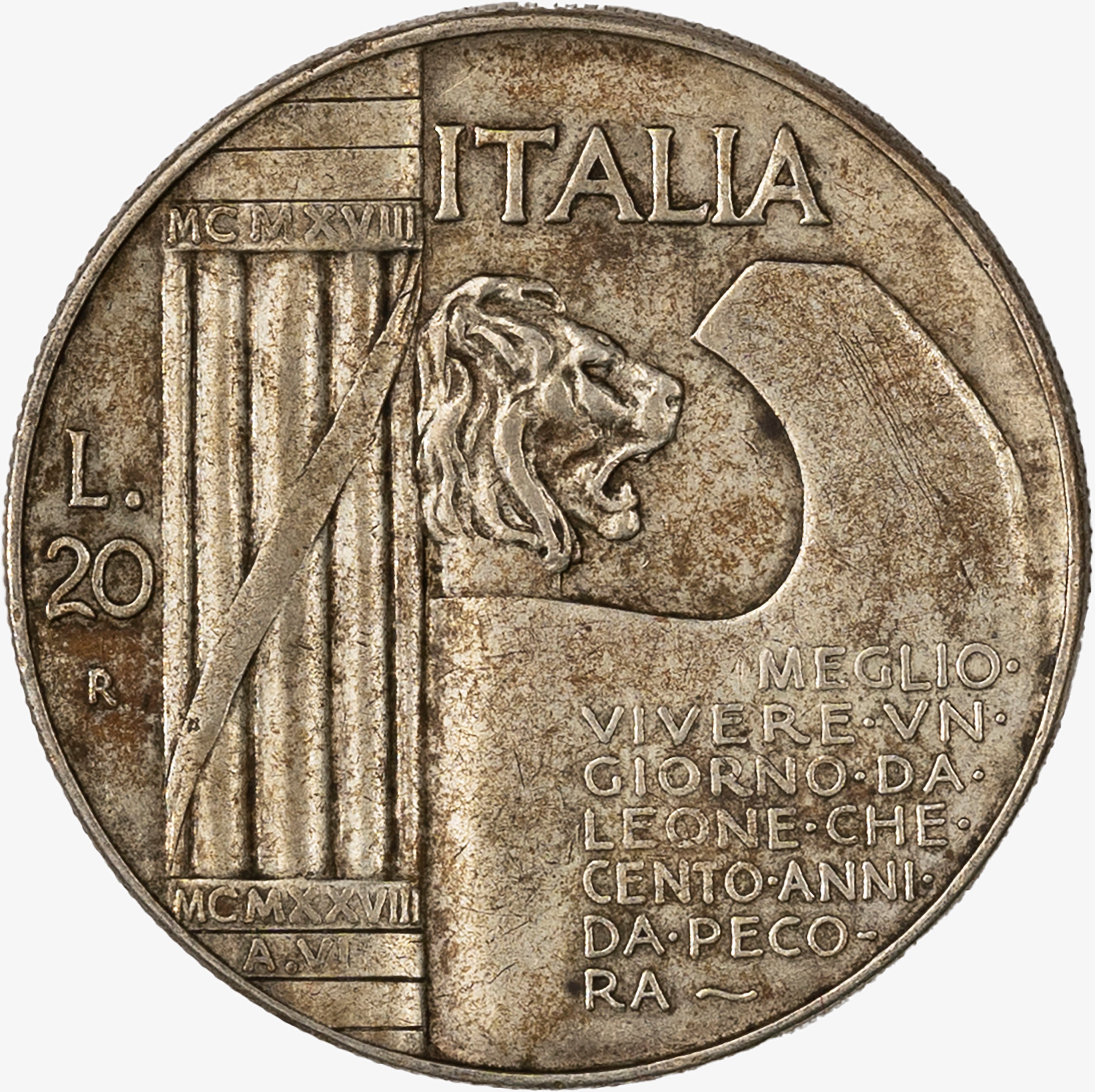 Regno D'italia, Vittorio Emanuele III, 1900-1946 - VITTORIO EMANUELE III, 20 Lire Elmetto, 1928, ...