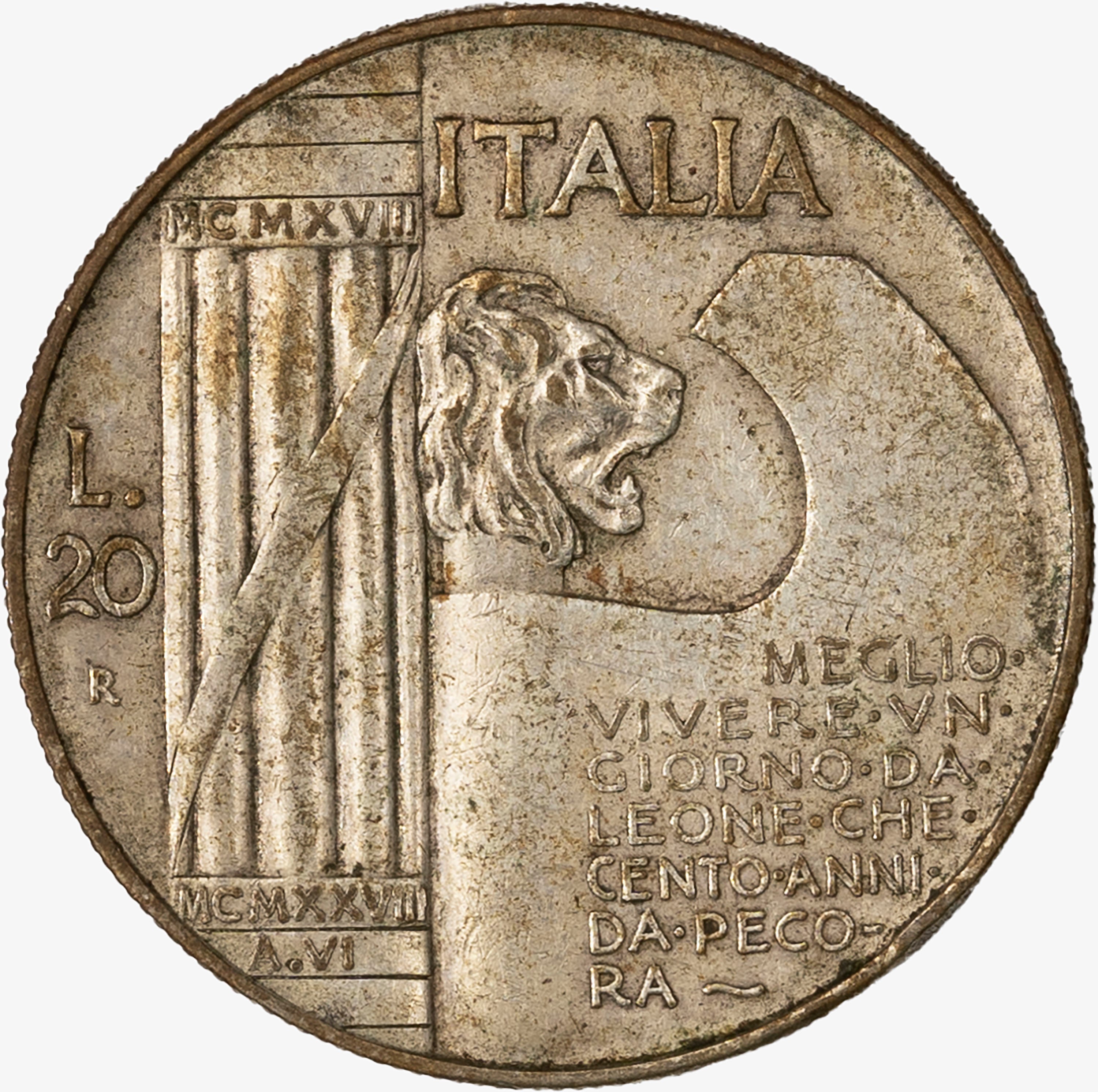 Regno D'italia, Vittorio Emanuele III, 1900-1946 - VITTORIO EMANUELE III, 20 Lire Elmetto, 1928