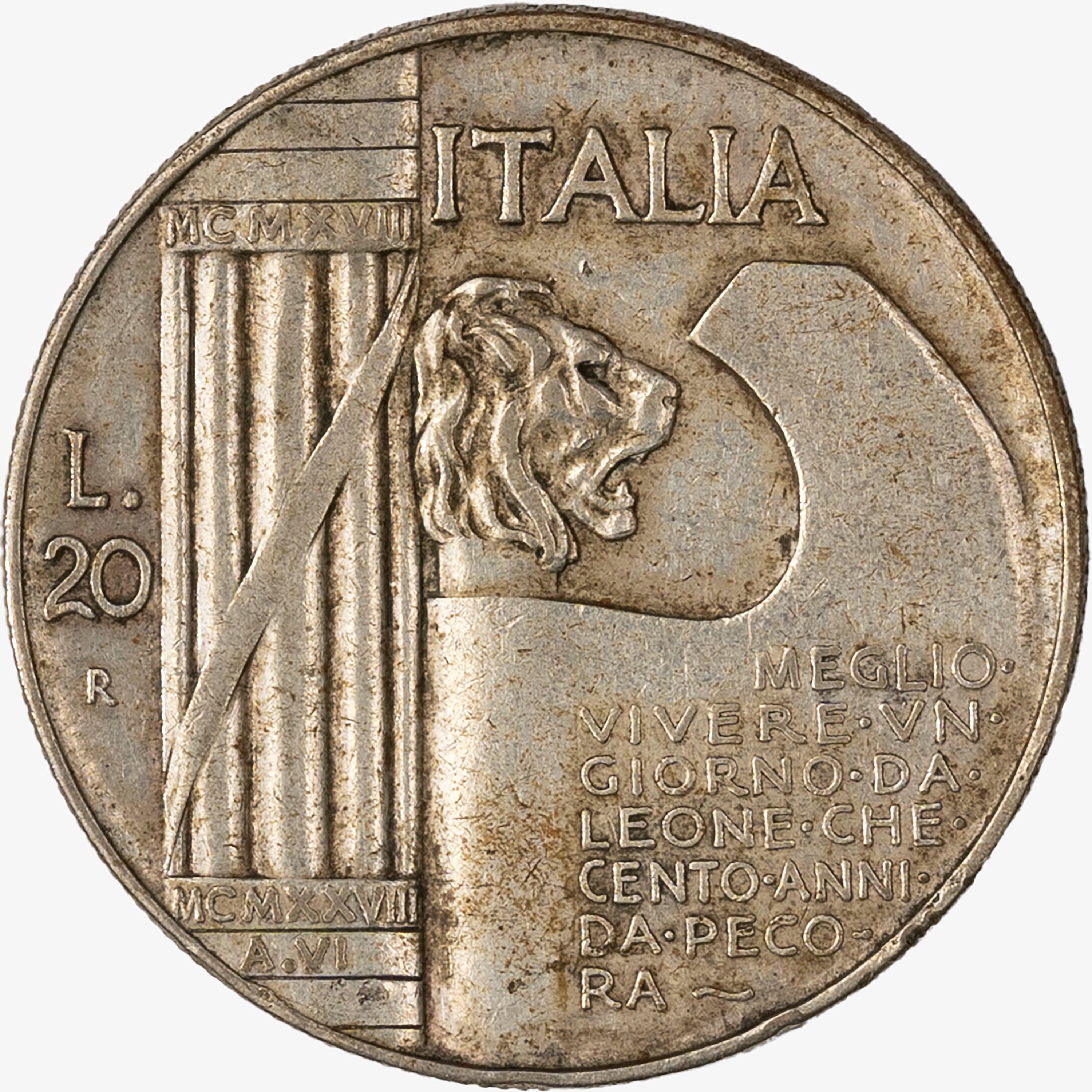 Regno D'italia, Vittorio Emanuele III, 1900-1946 - Regno d'Italia, 20 Lire Elmetto, 1928