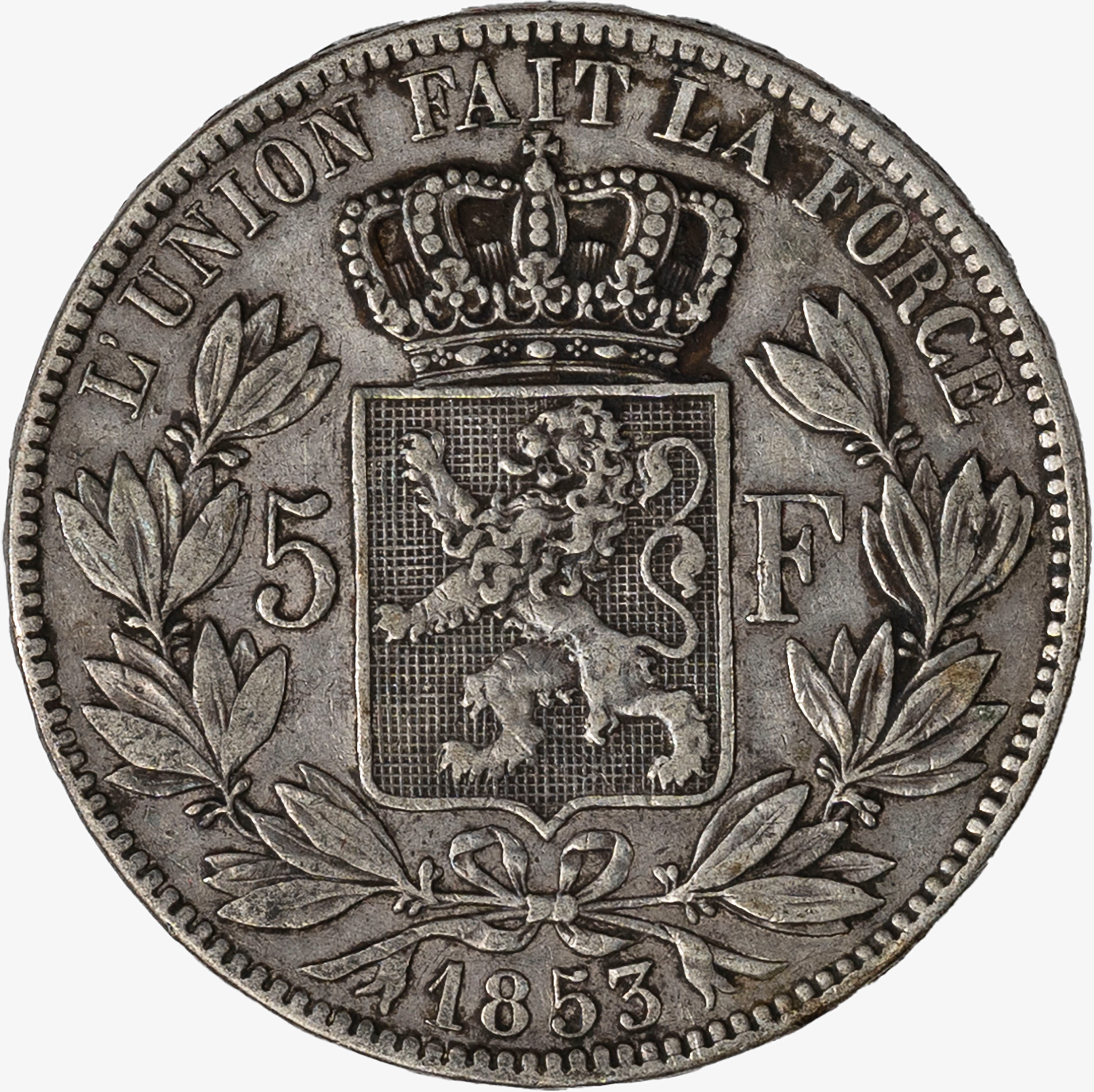 Belgio, Leopold I, 1831-1865 - LEOPOLD I, 5 Franchi in argento, 1853