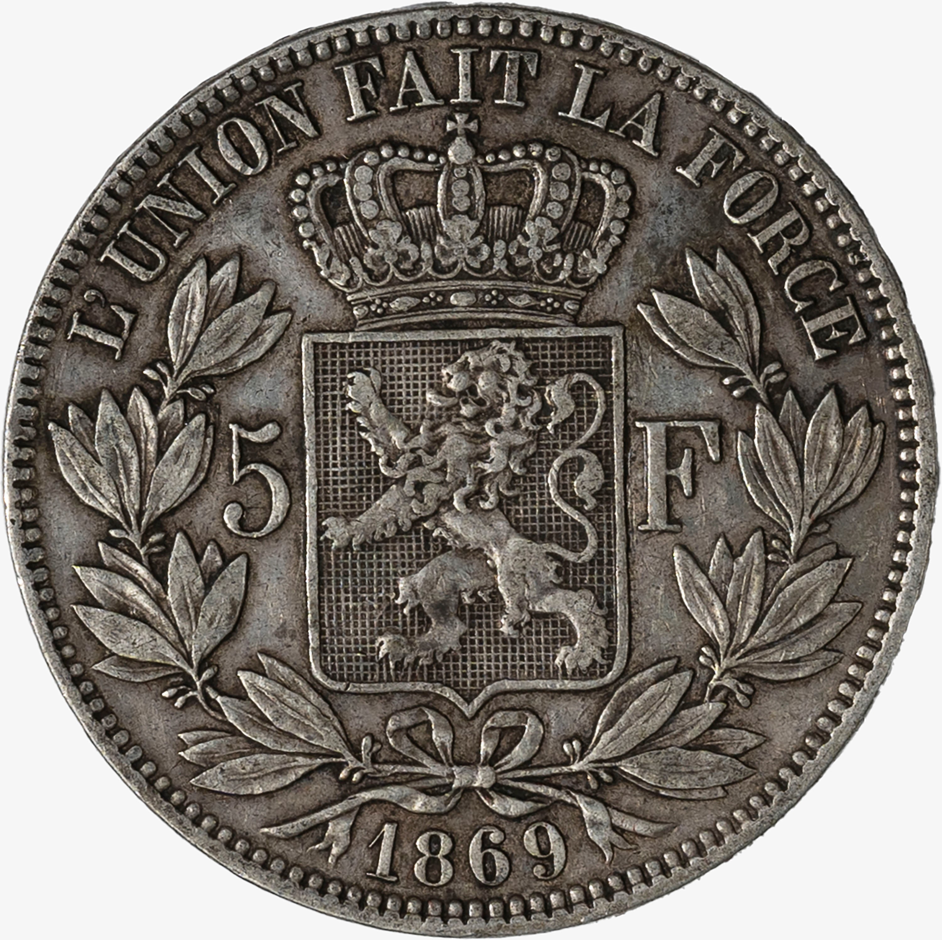 Belgio, Leopold II, 1865-1909 - LEOPOLD II, 5 Franchi in argento (1869)
