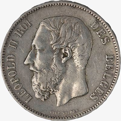 LEOPOLD II del Belgio, 5 Franchi in argento del 1873