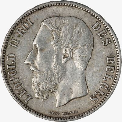 LEOPOLD II del Belgio, Moneta da 5 Franchi, argento, 1873