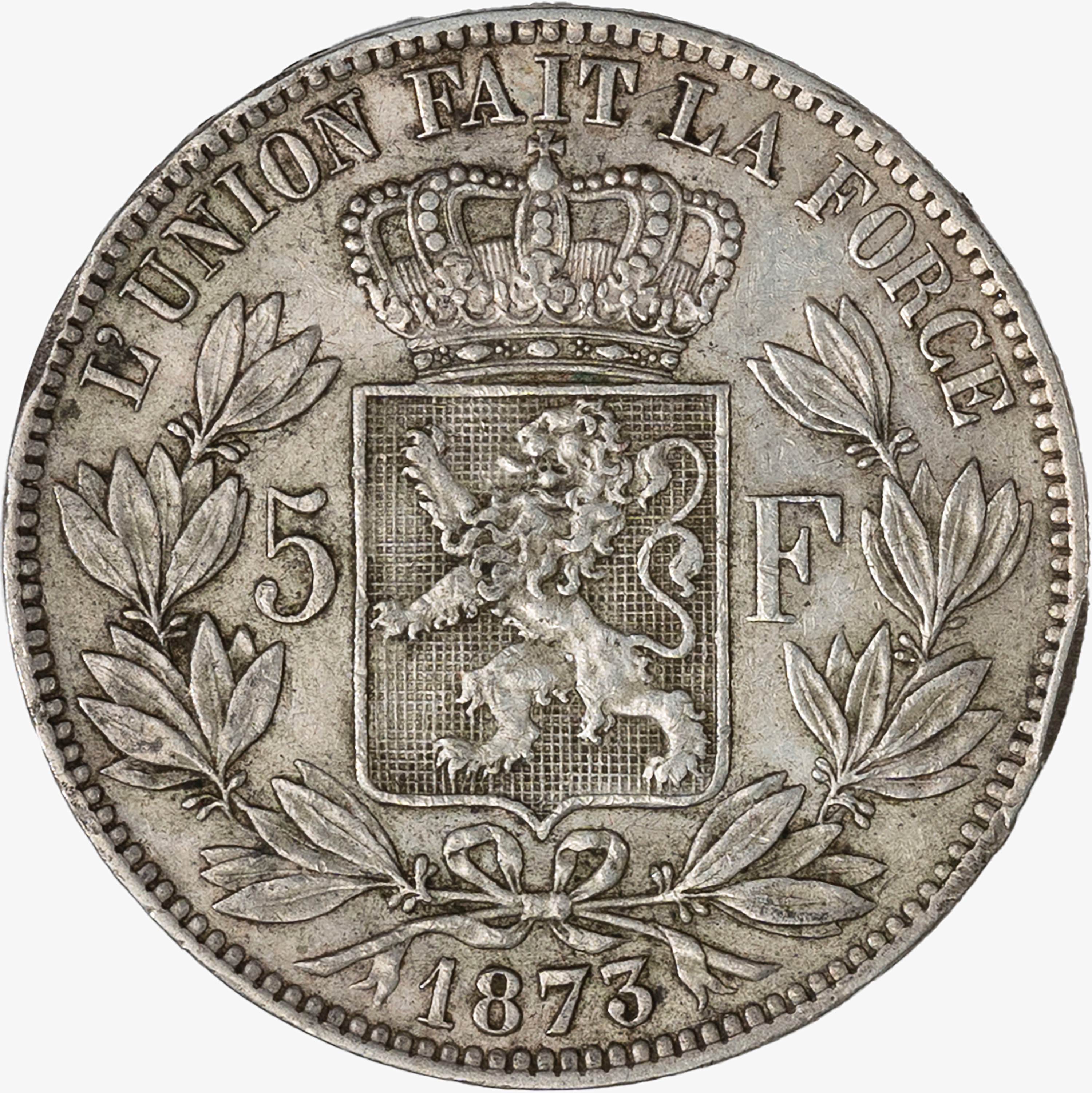 Belgio, Leopold II, 1865-1909 - LEOPOLD II del Belgio, Moneta da 5 Franchi, argento, 1873