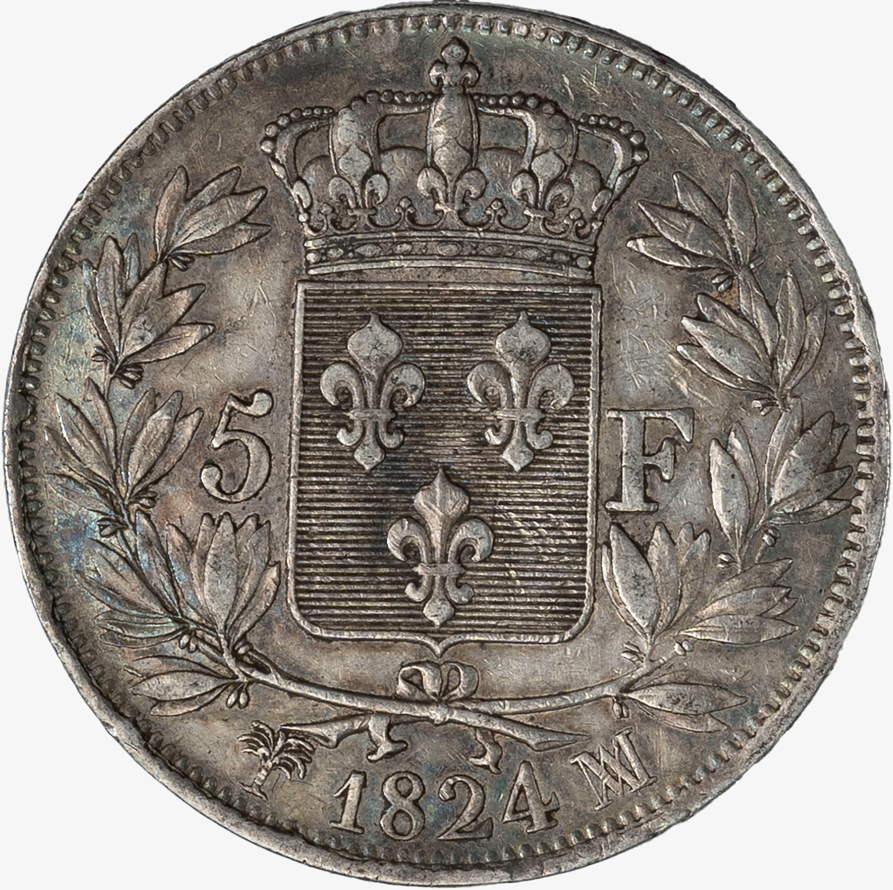 Francia, Luigi XVIII, 1815-1824 - Francia, 5 Franchi, 1824, Argento