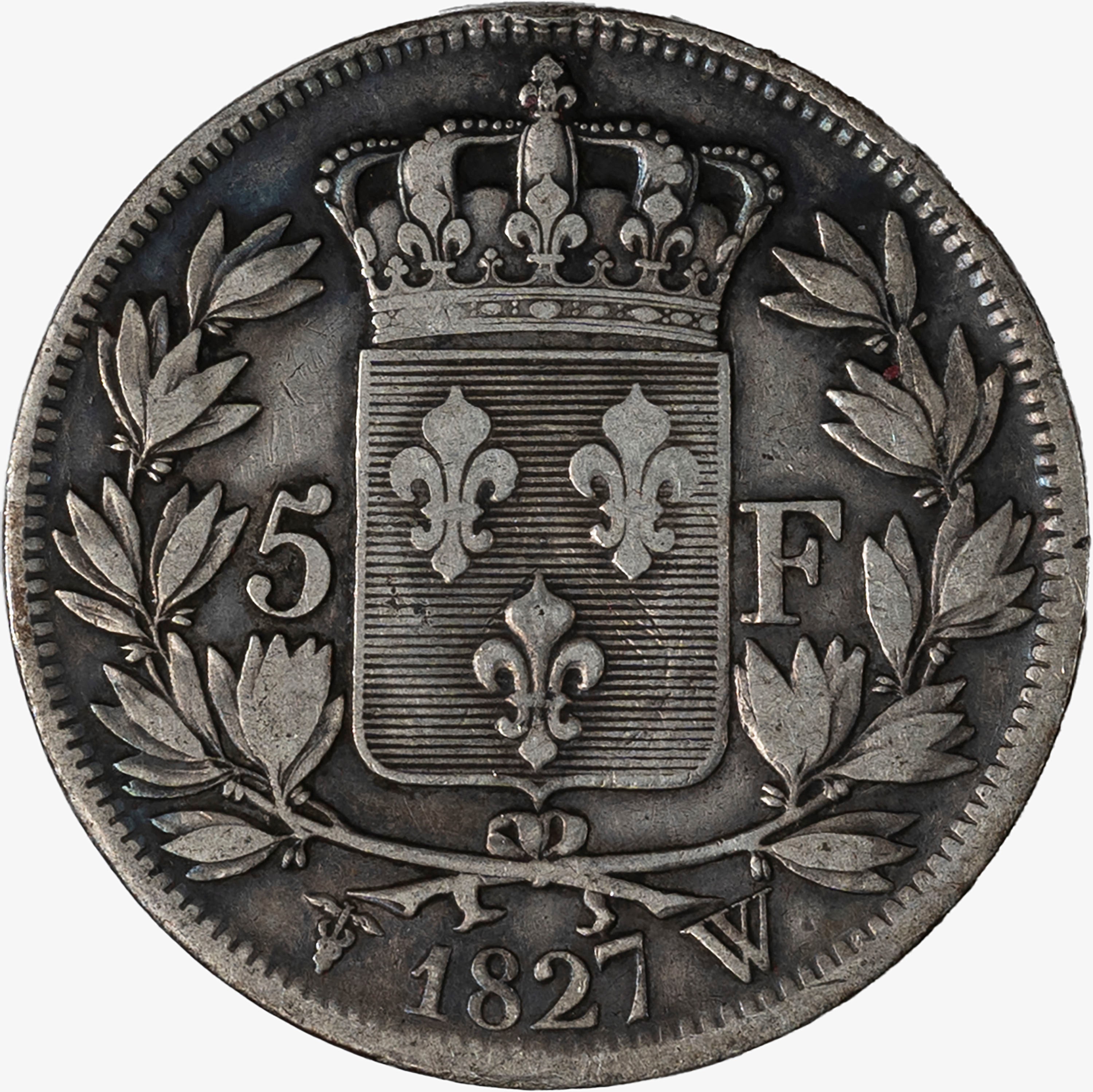 Francia, Carlo X, 1824-1830 - Francia, 5 Franchi, 1827