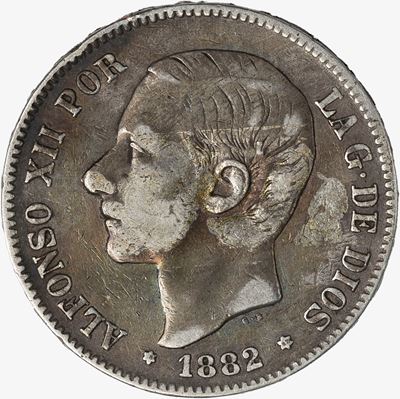Spagna, Alfonso XII - Moneta da 5 Pesetas, argento, 1882
