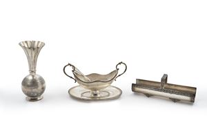 Silver gravy boat, breadstick holder and vase