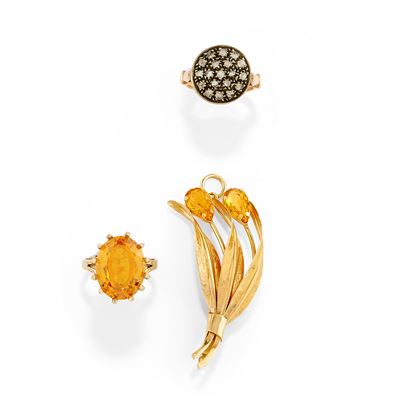 Pendente e due anelli in oro giallo 12k, 18k e argento con diamanti e quarzi
