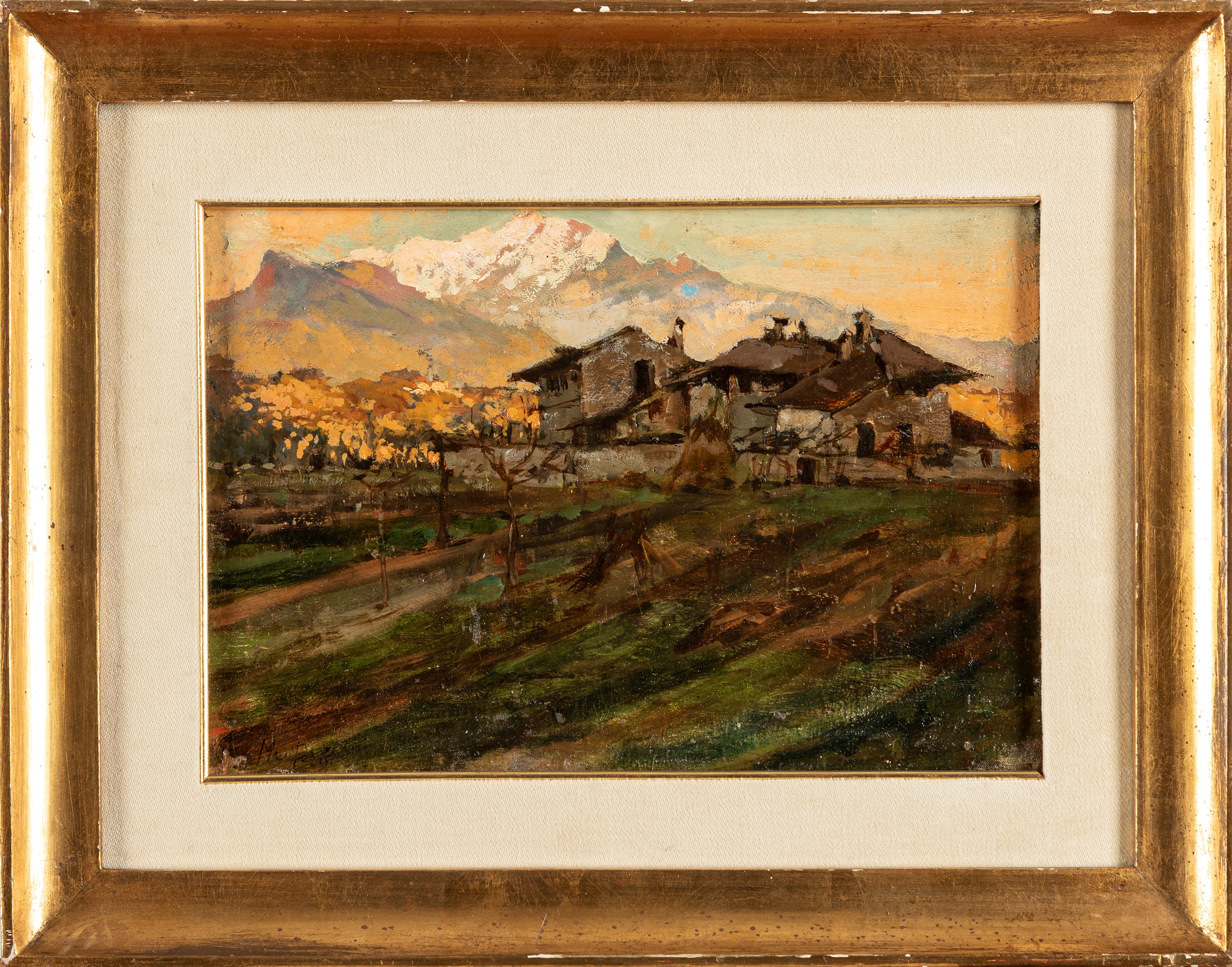 Giuseppe Mentessi - Baite in montagna, olio su cartone