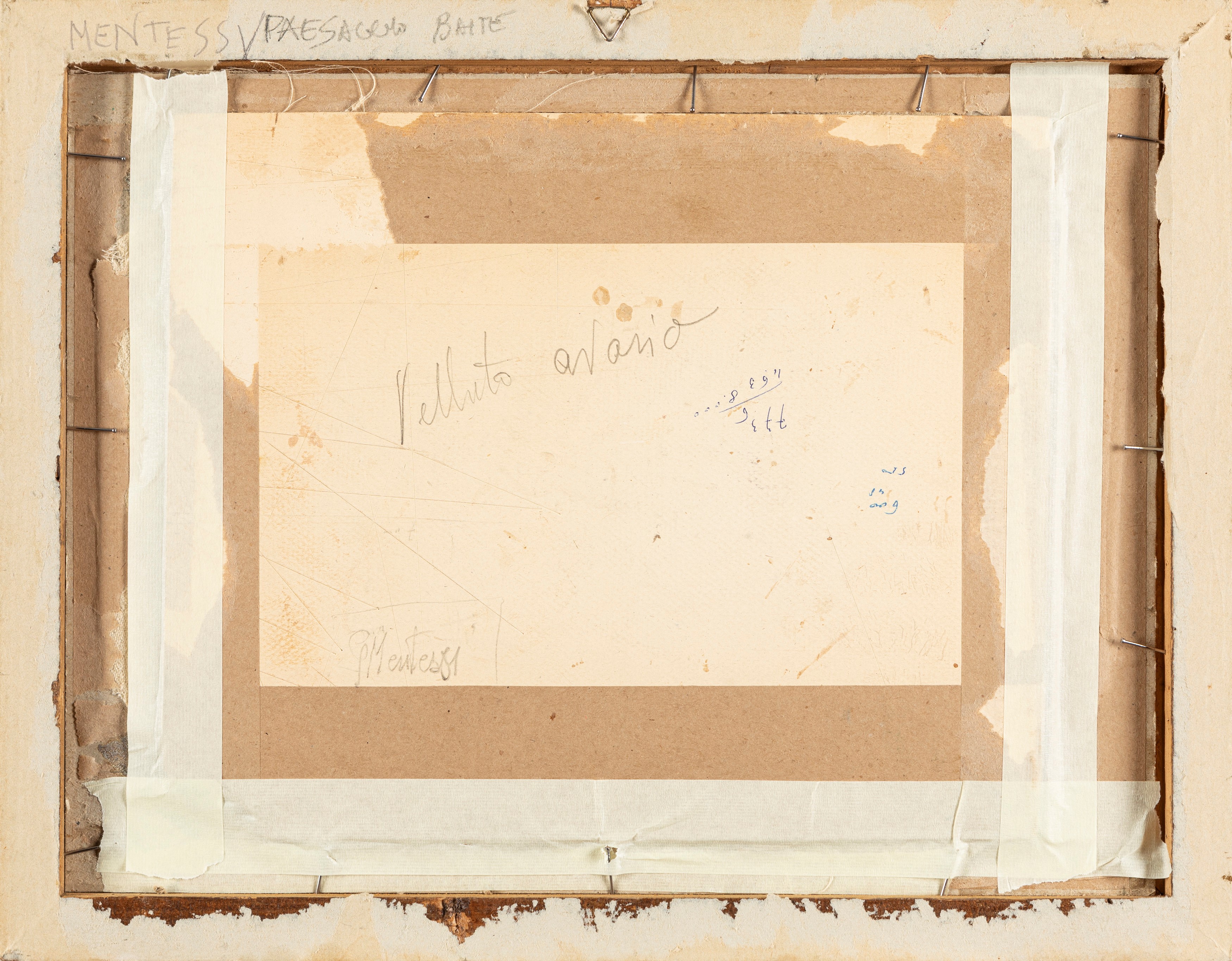 Giuseppe Mentessi - Baite in montagna, olio su cartone