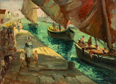 Al porto, olio su compensato