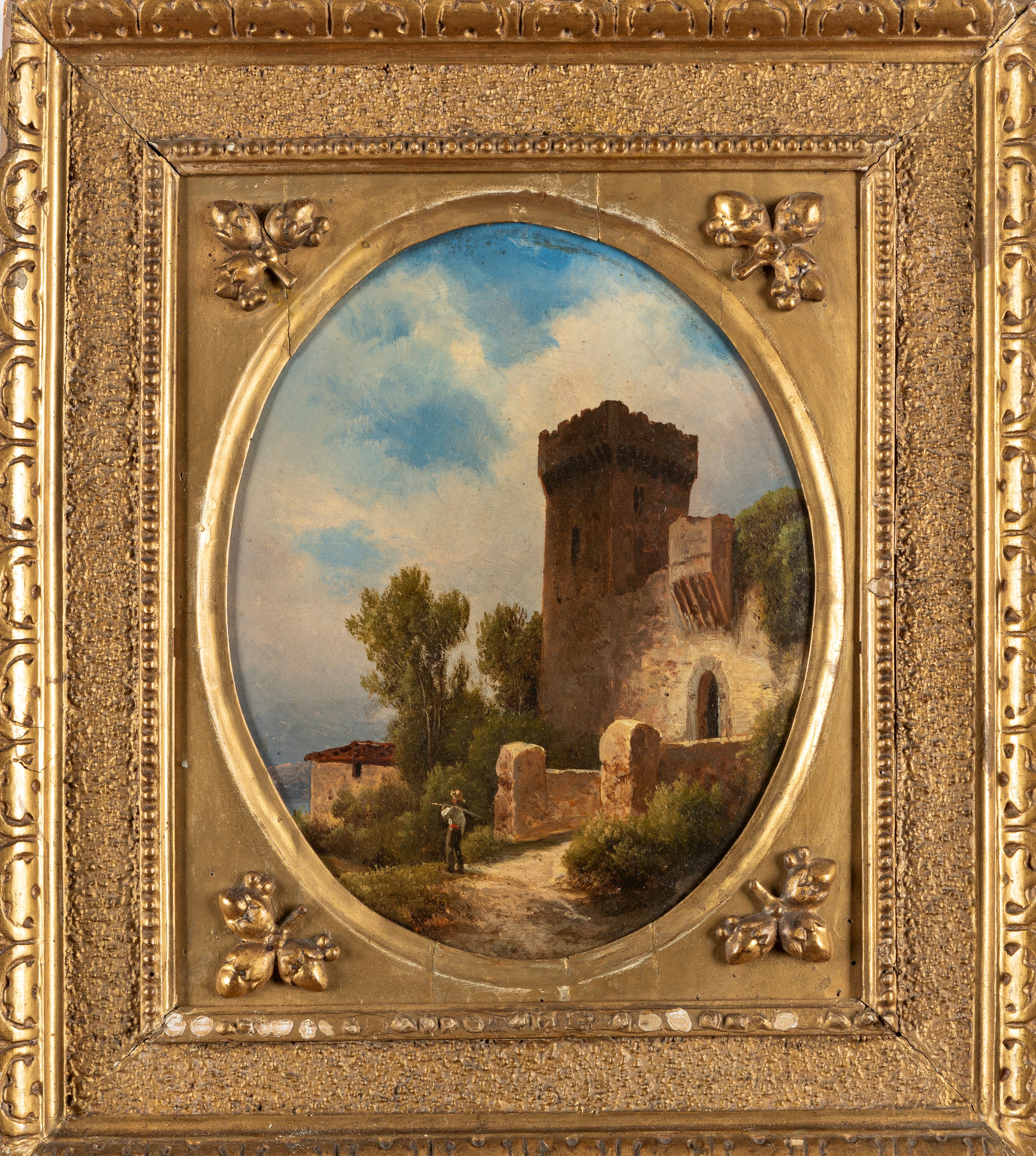 Domenico Pasquale Cambiaso - Paesaggi con figure, coppia di oli su cartone ovale