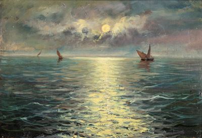 Barche al chiaro di luna, olio su compensato