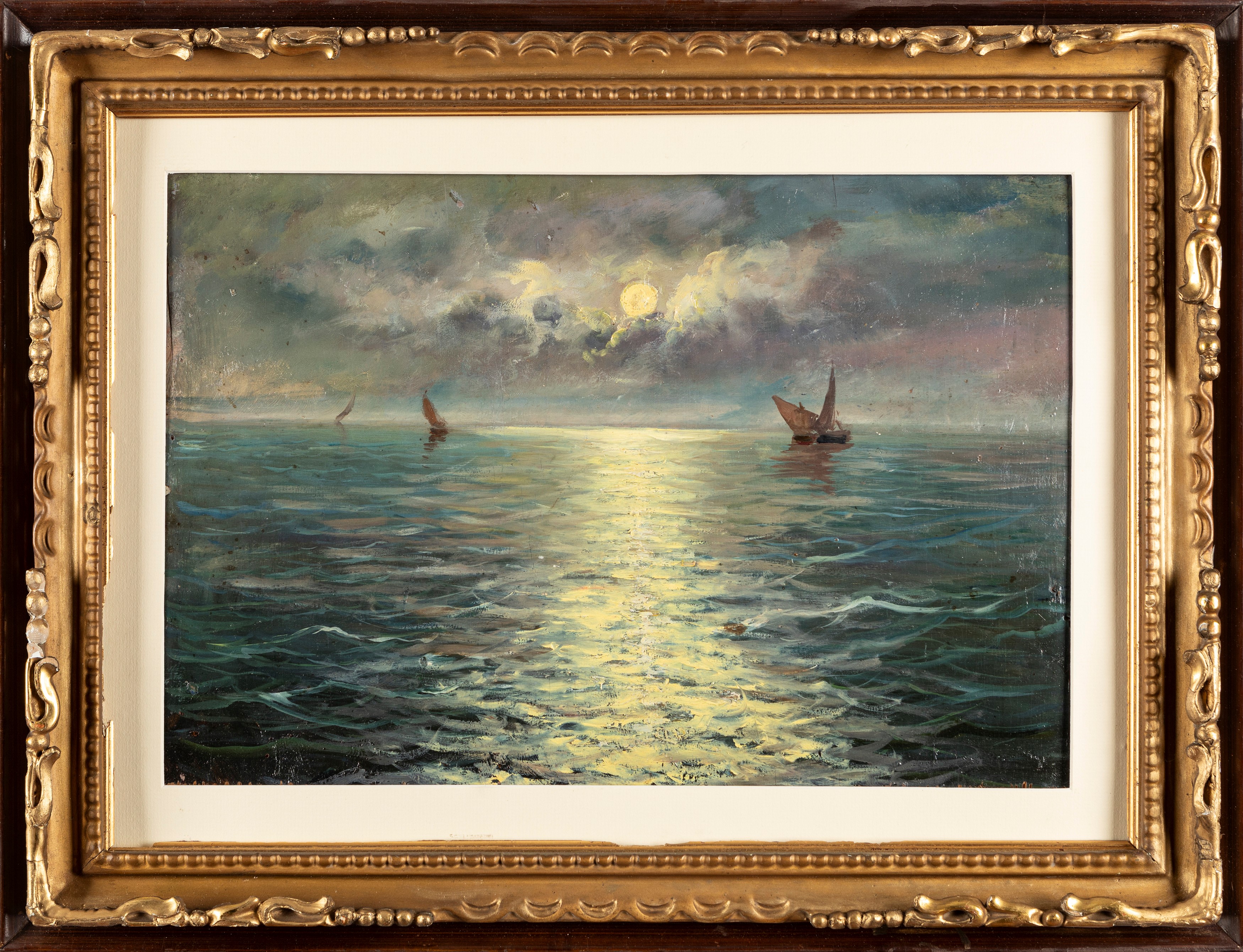 Angelo Balbi - Barche al chiaro di luna, olio su compensato