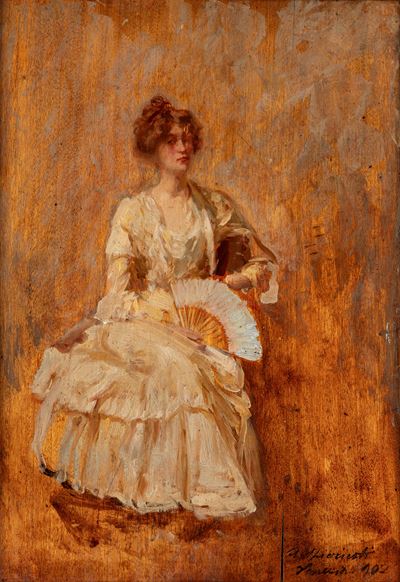 Donna con ventaglio, olio su tavola