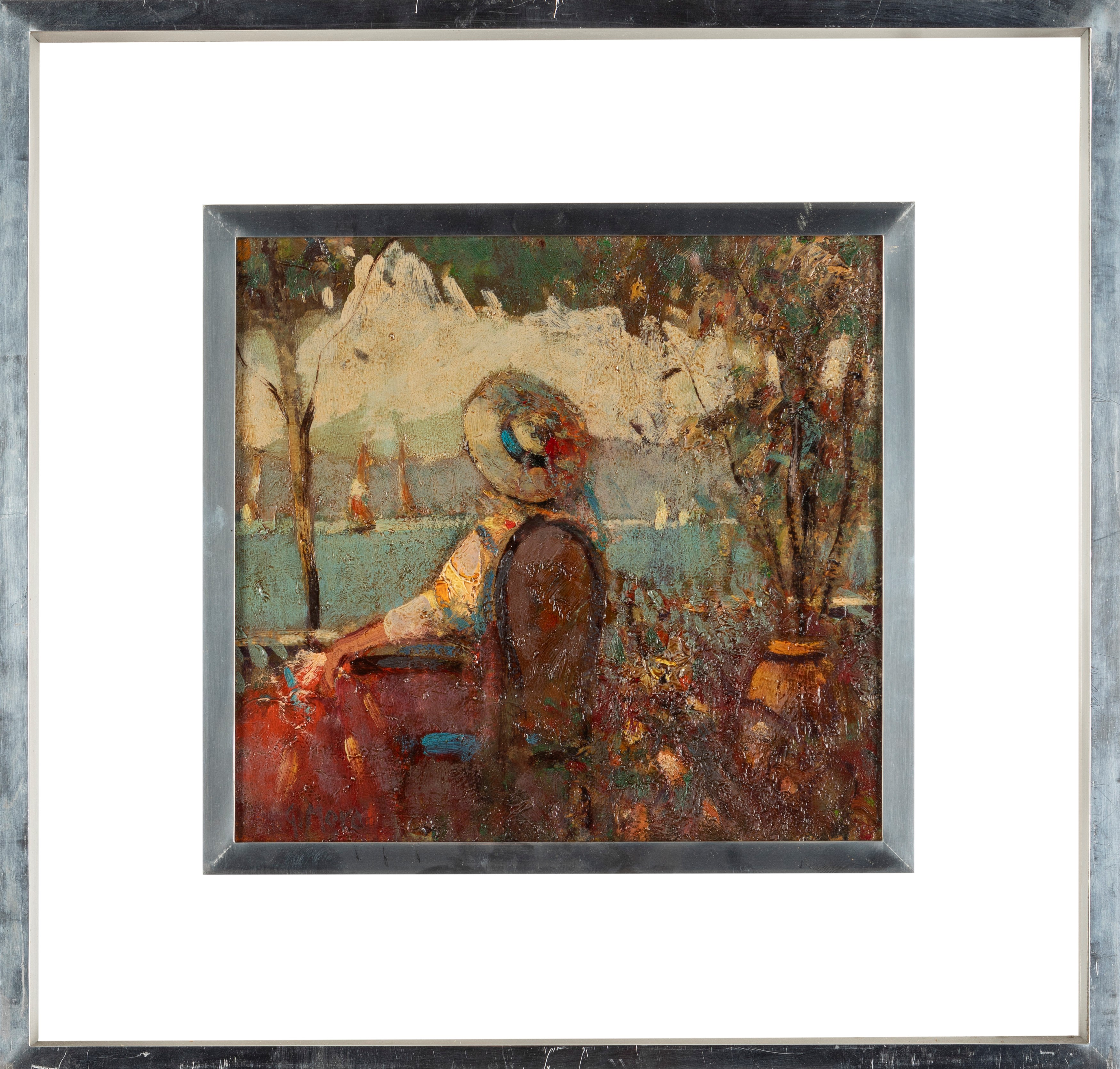 Gino Moro - Guardando il lago, olio su compensato