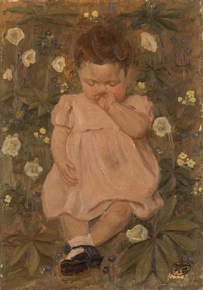 Autore Ignoto, Bimba sul prato, olio su tela, 1943