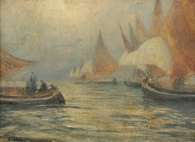 Pesca notturna, olio su cartone