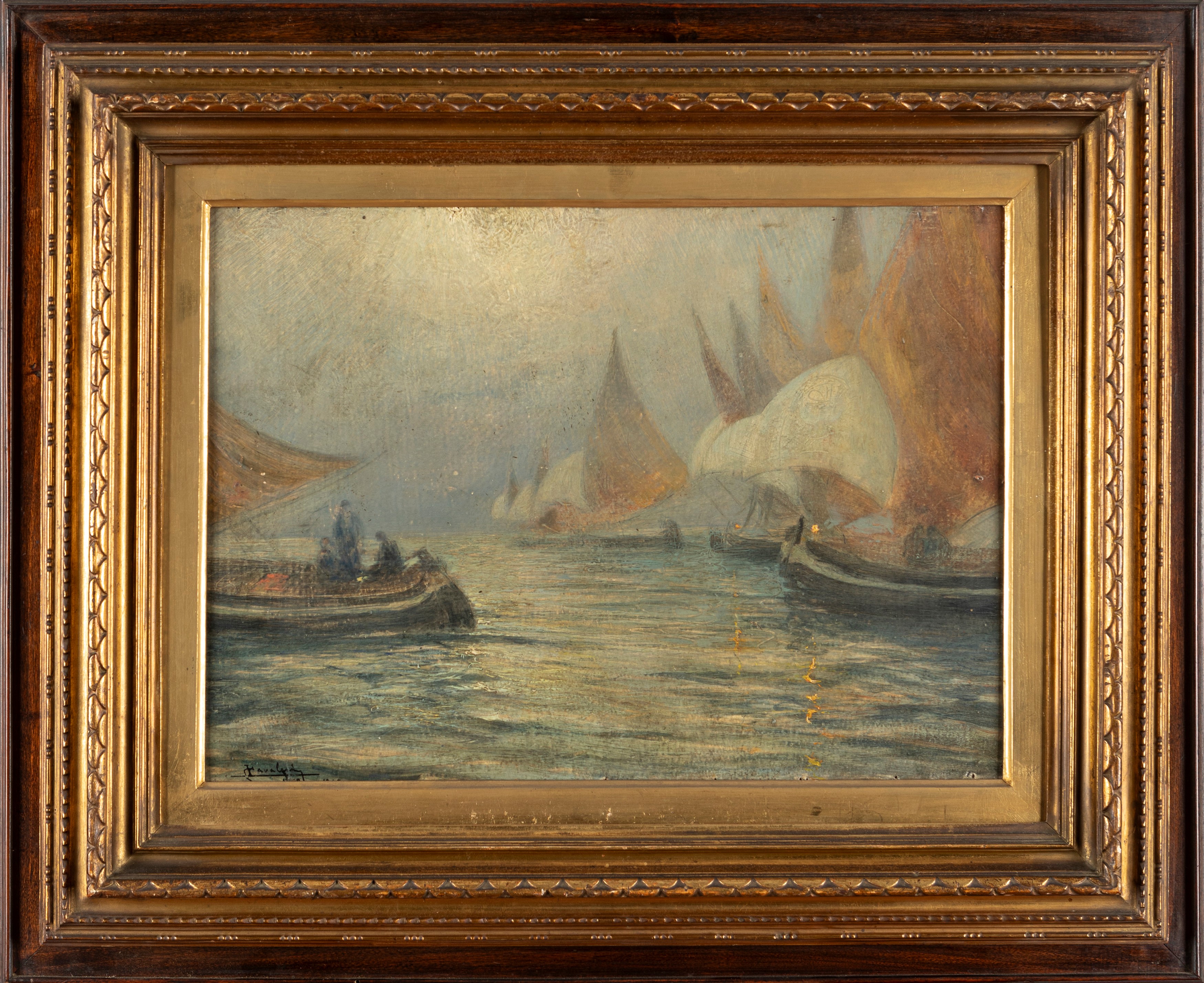 Ludovico Cavaleri - Pesca notturna, olio su cartone