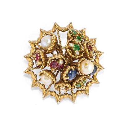 Spilla in oro giallo 18k con pietre preziose