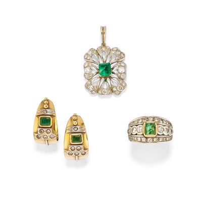 Anello, orecchini e pendente in oro bicolore 18k con smeraldi e diamanti