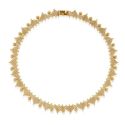 Collana in oro giallo 18k con decoro a tessuto e boules